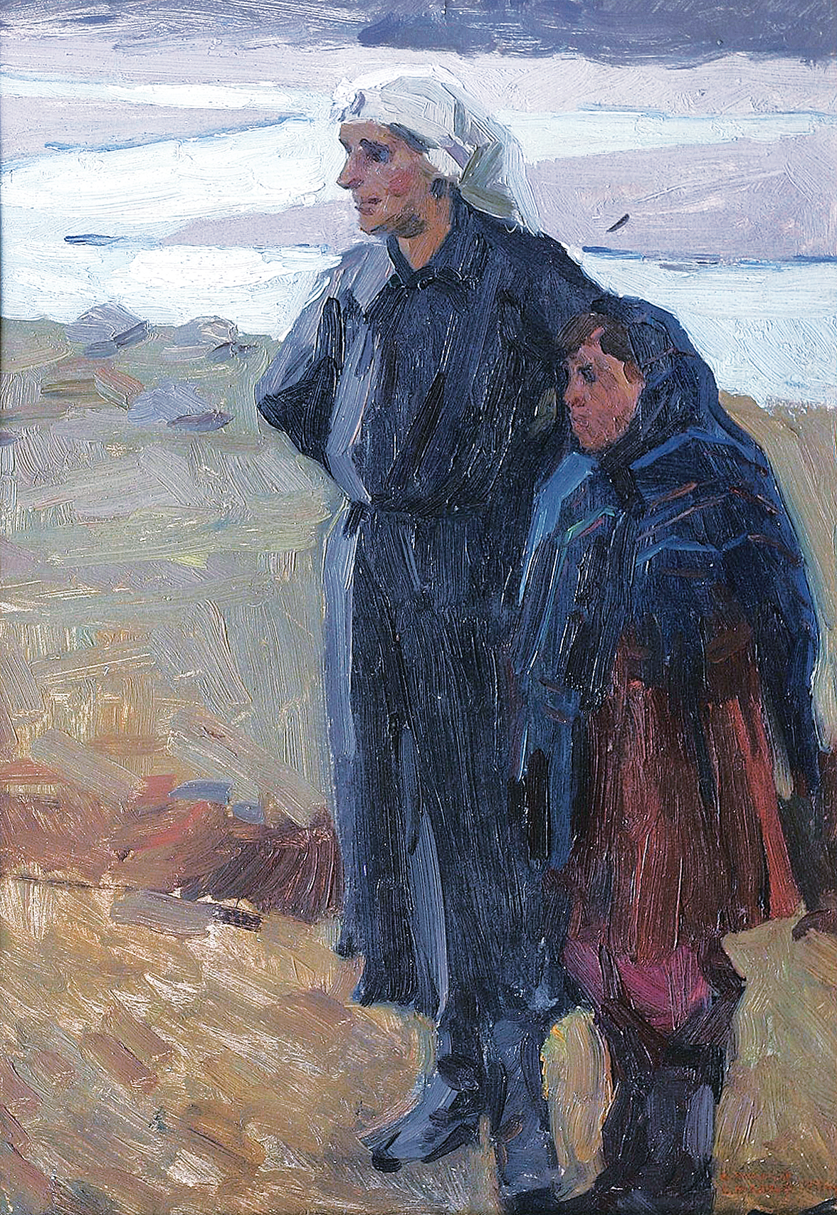 Mother and daughter, waiting at the seashore
