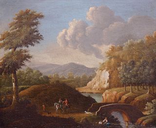 Italien river landscape with horsemen and dogs