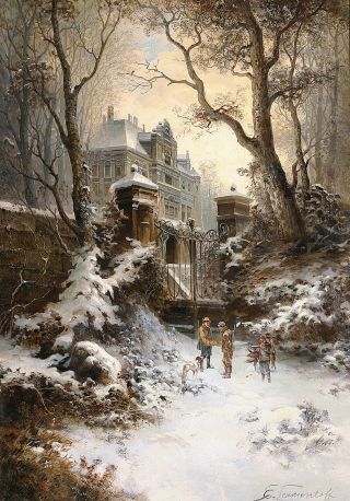 "A Wintry Landscape with Hunters and Hound in front of a Castle"