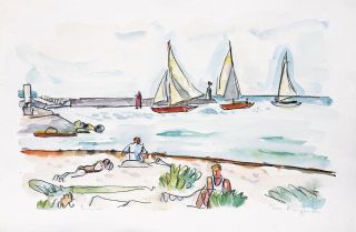 Sailing Boats and Sun-Bathers on the Priwall- Shore