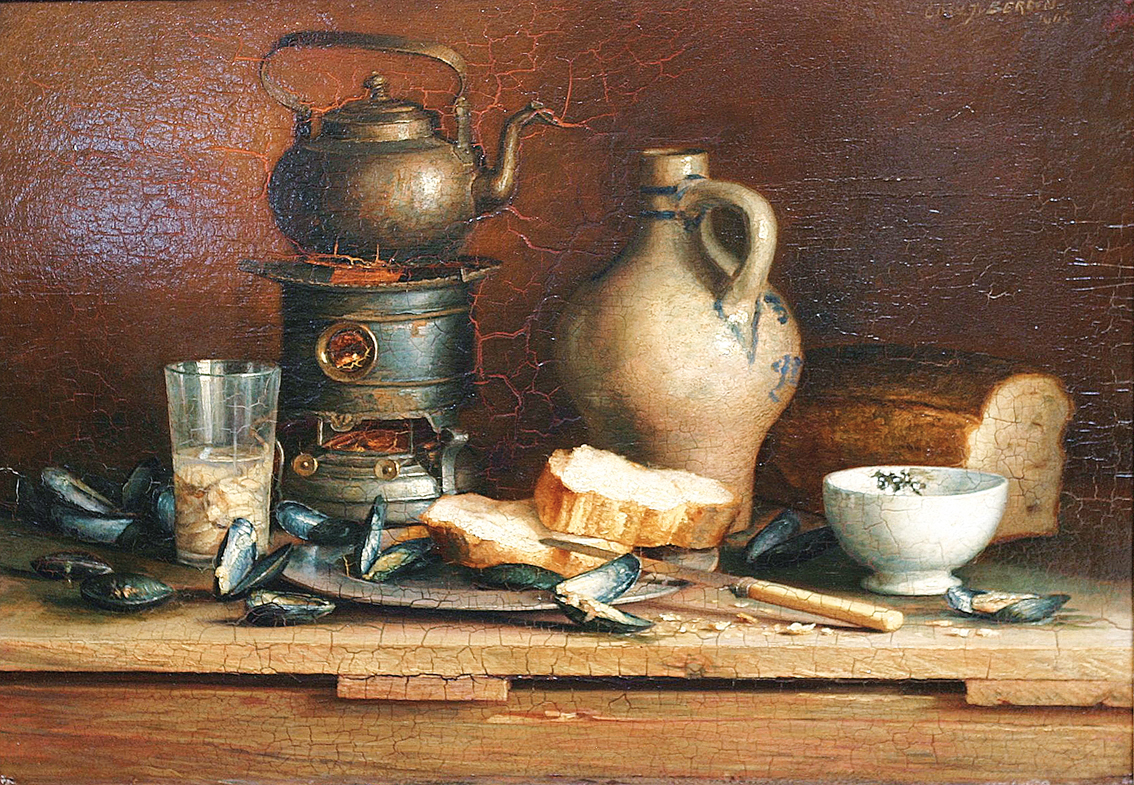 A still life with shells and tea pot