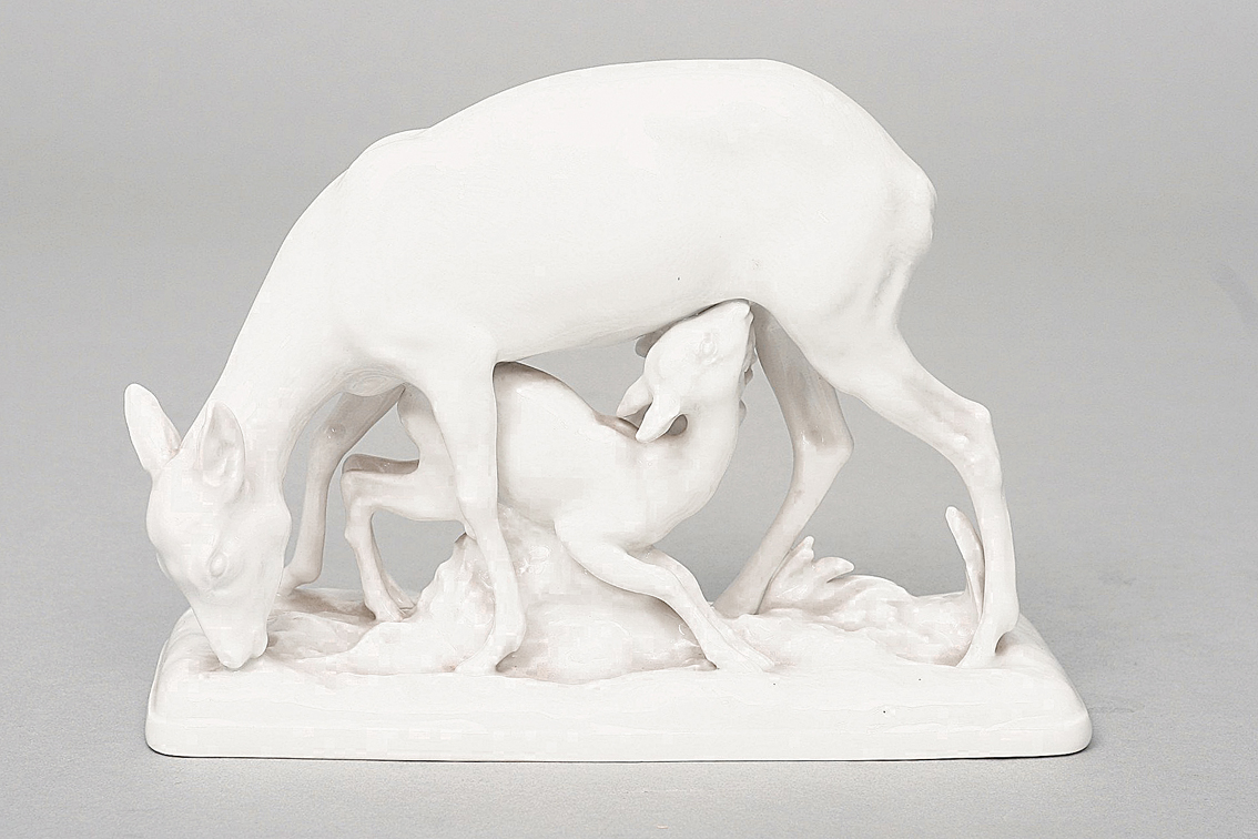 A figure 'deer and fawn' in white porcelain