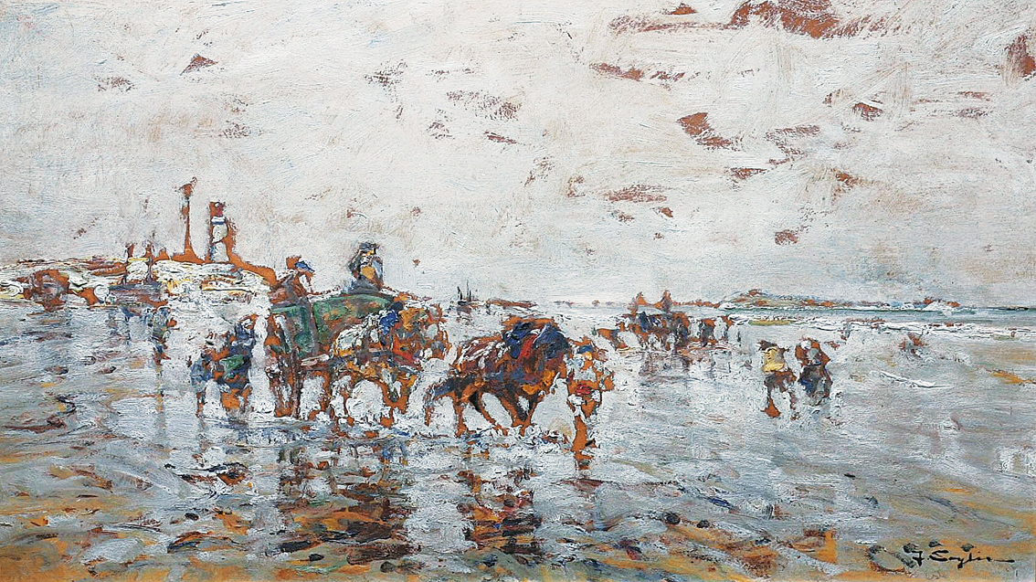 Crab fishers with a carriage on the beach