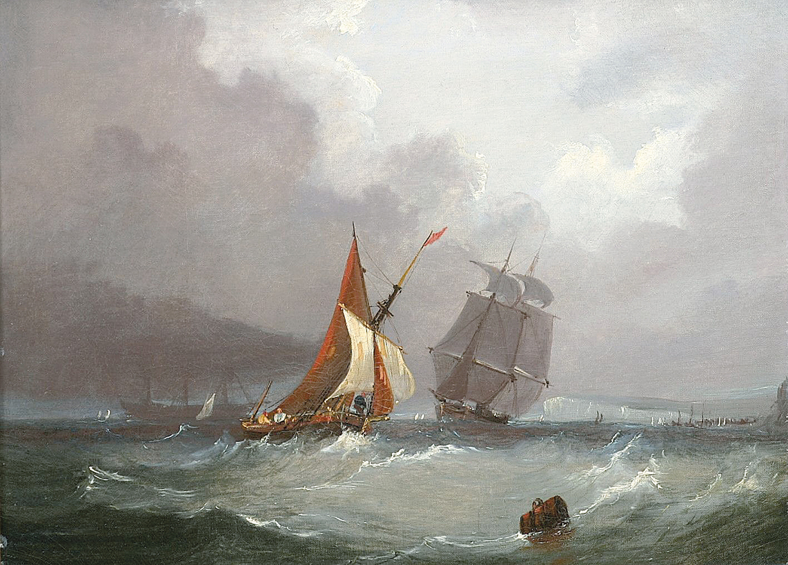 Schiffe bei aufziehendem Sturm vor der Küste
