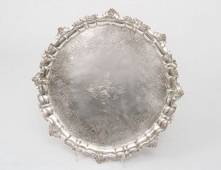 A Georgian salver on 4 feet with engraved grapes
