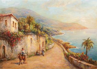 A southern coast with palms and a donkey