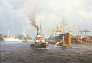 Hamburger Hafenansicht mit Hapag-Lloyd-Dampfer und weiteren Schiffen