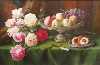 A still life with roses, fruits and a wasp