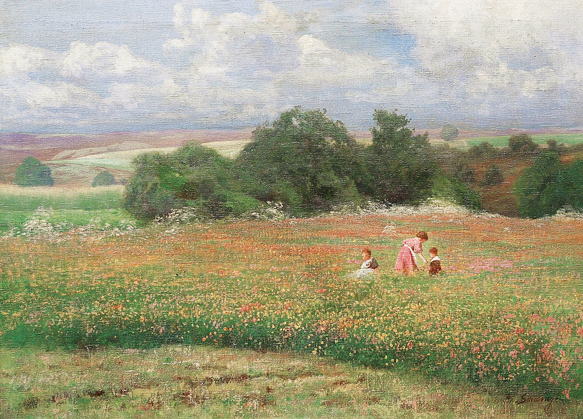 Blühende Sommerwiese mit Kindern