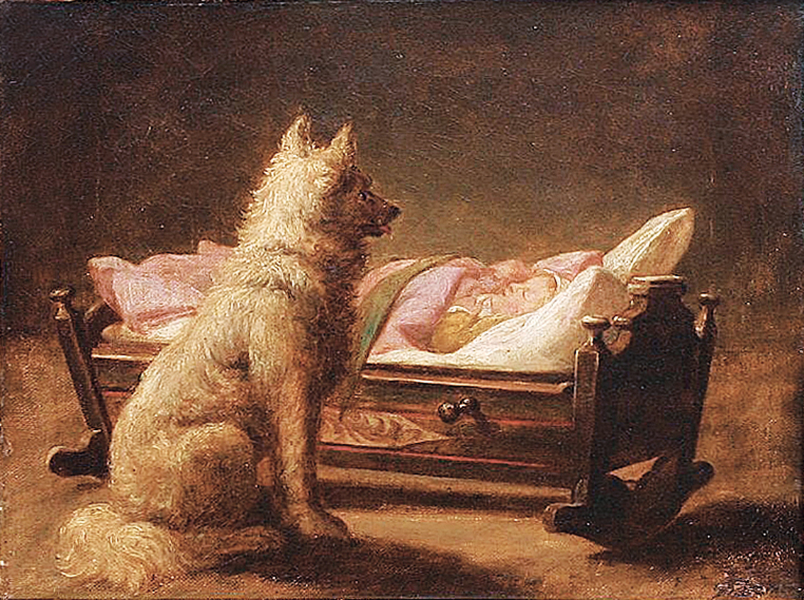 A dog guarding a sleeping baby