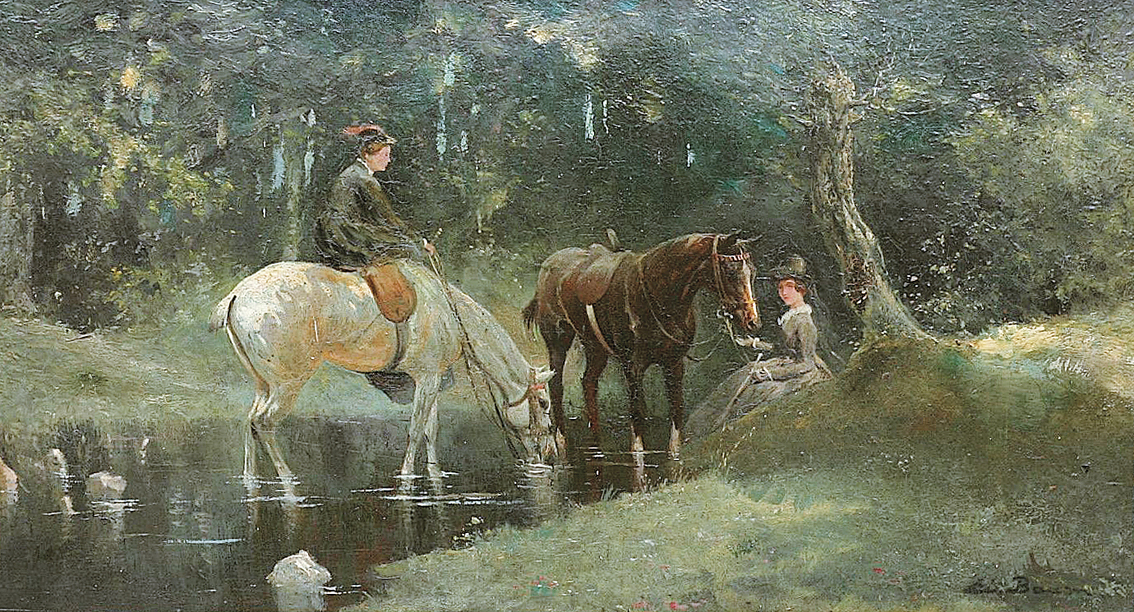 Zwei Damen im Walde mit Pferden an der Tränke