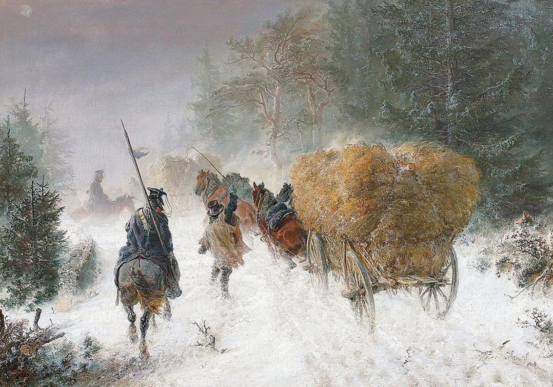 A Fourrage transport in a winterstorm