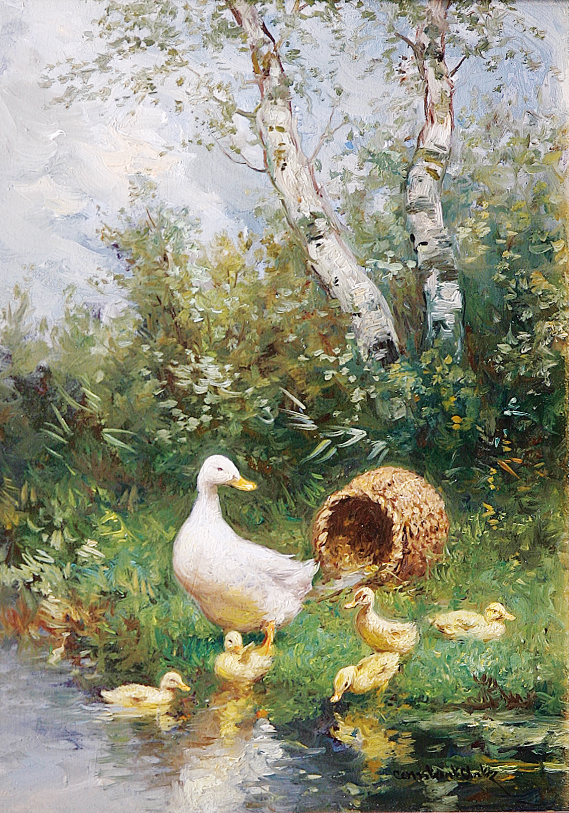A duck with 5 ducklings and a basket