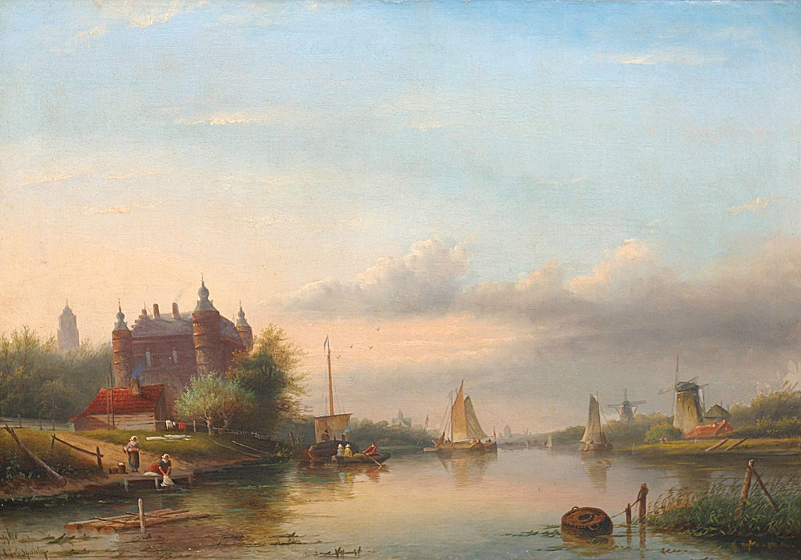 A lively river landscape with boats and washerwomen near a castle