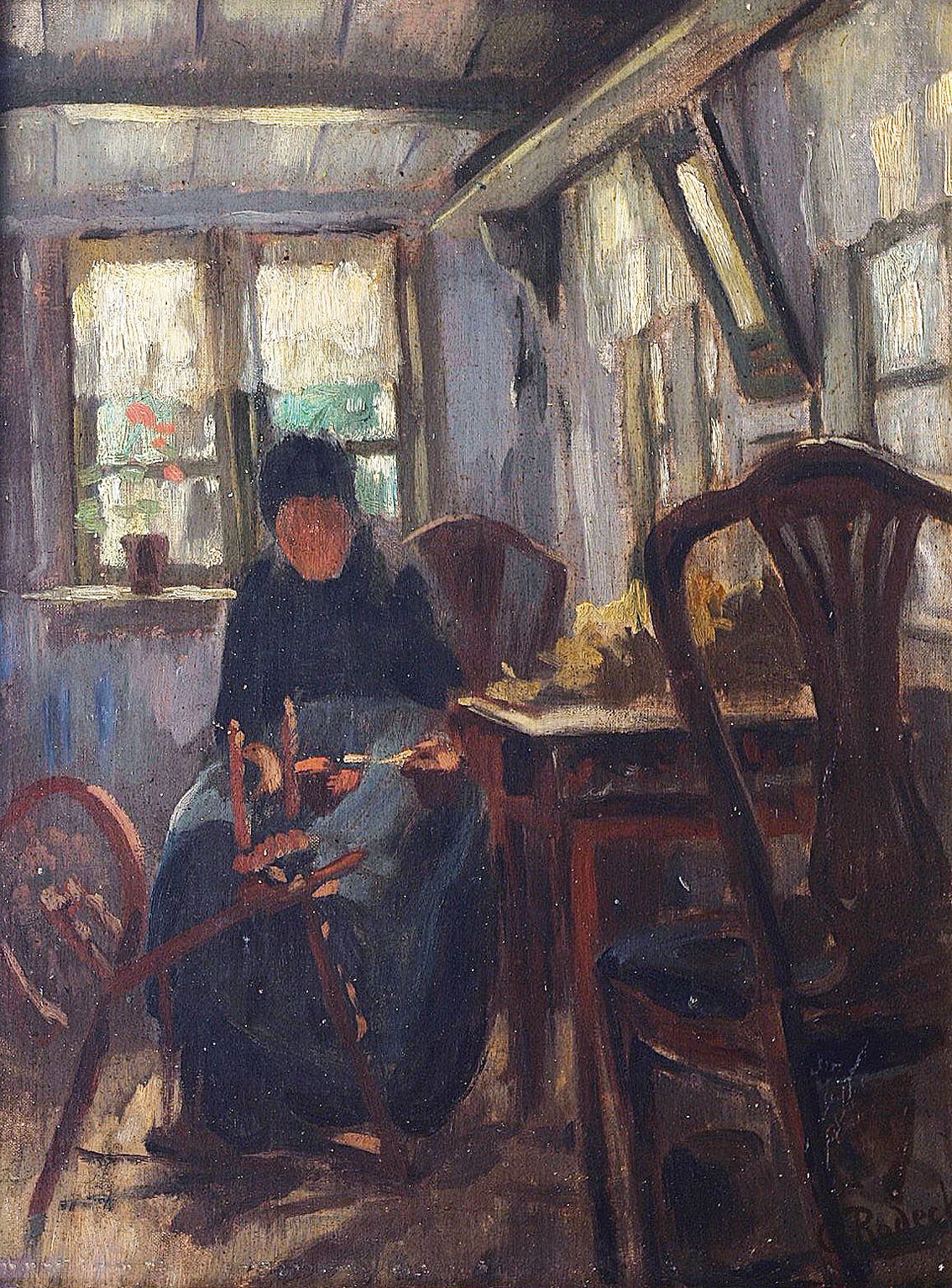 An interior with a woman at a spinning wheel