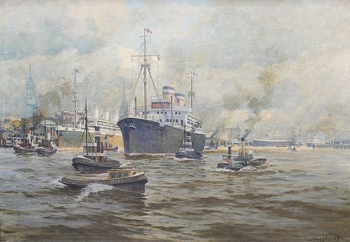A lively scene in the harbour in Hamburg