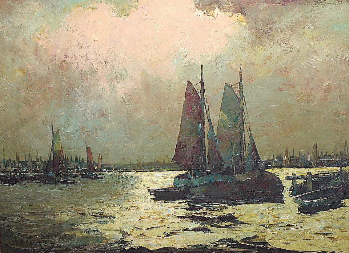 Abendlicher Hafen mit Segelbooten