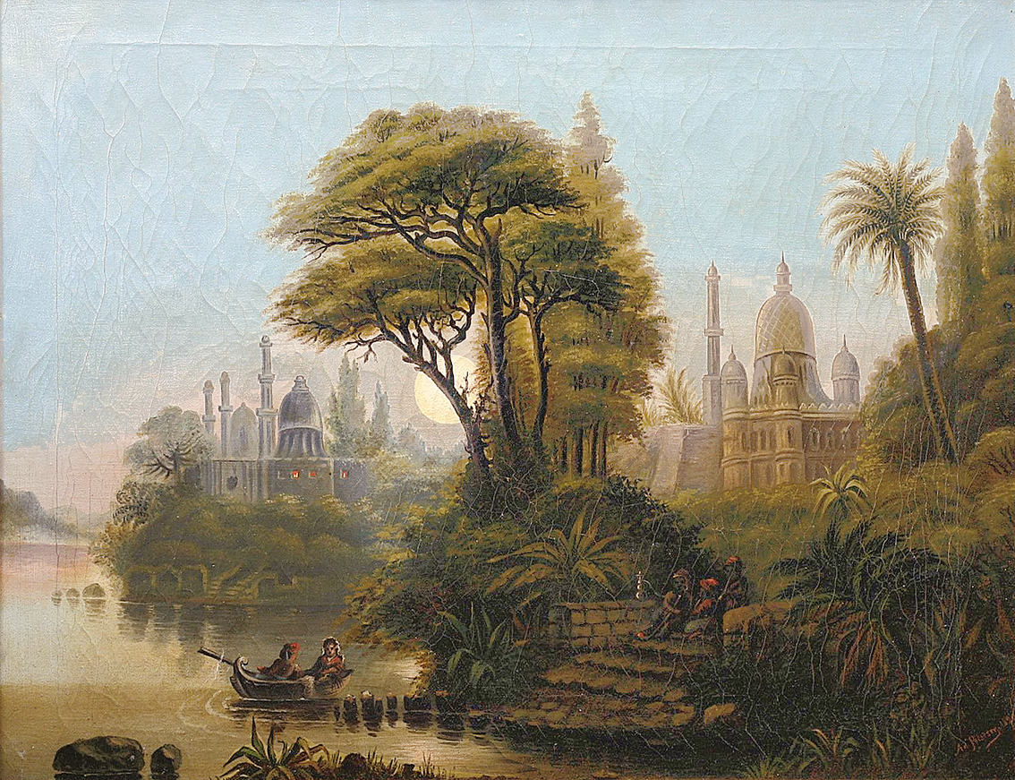 Orientalische Gebäude am Ufer eines Flusses