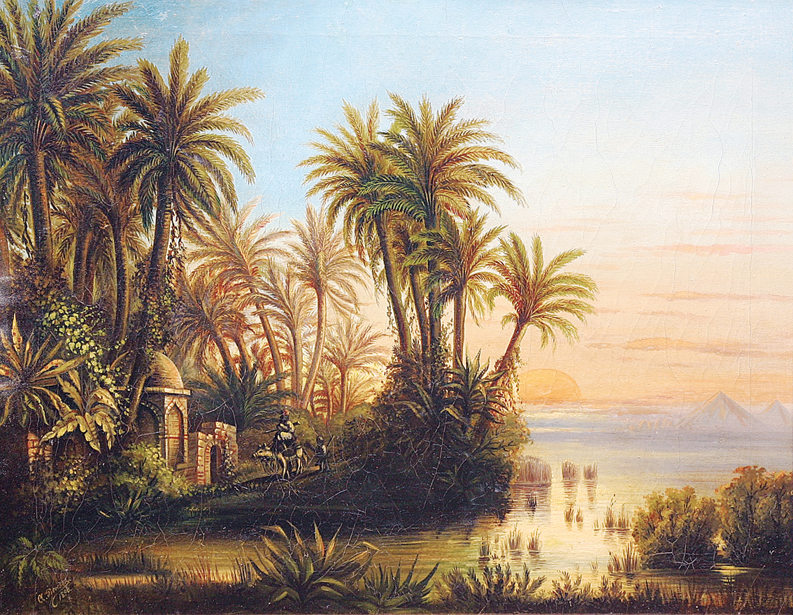An oriental landscape with pyramids