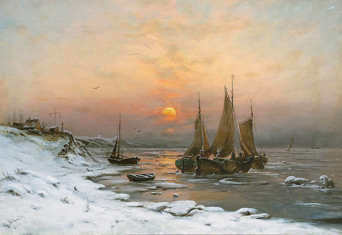 The winterly coast with fishing boats