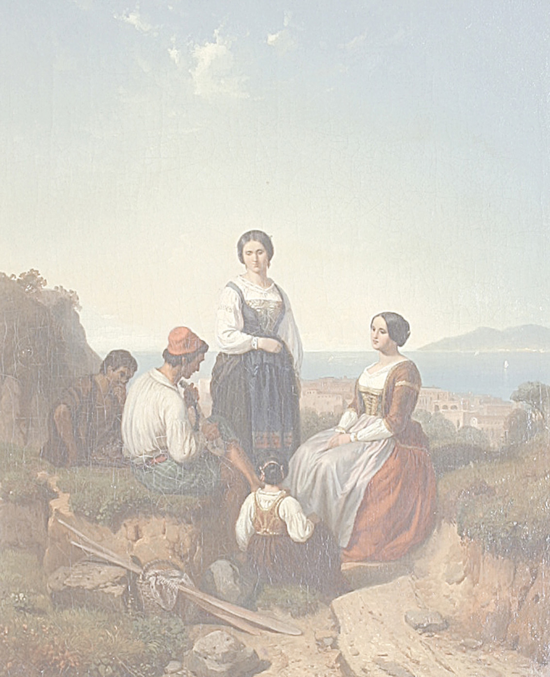 A group of figures with a fisherman making music