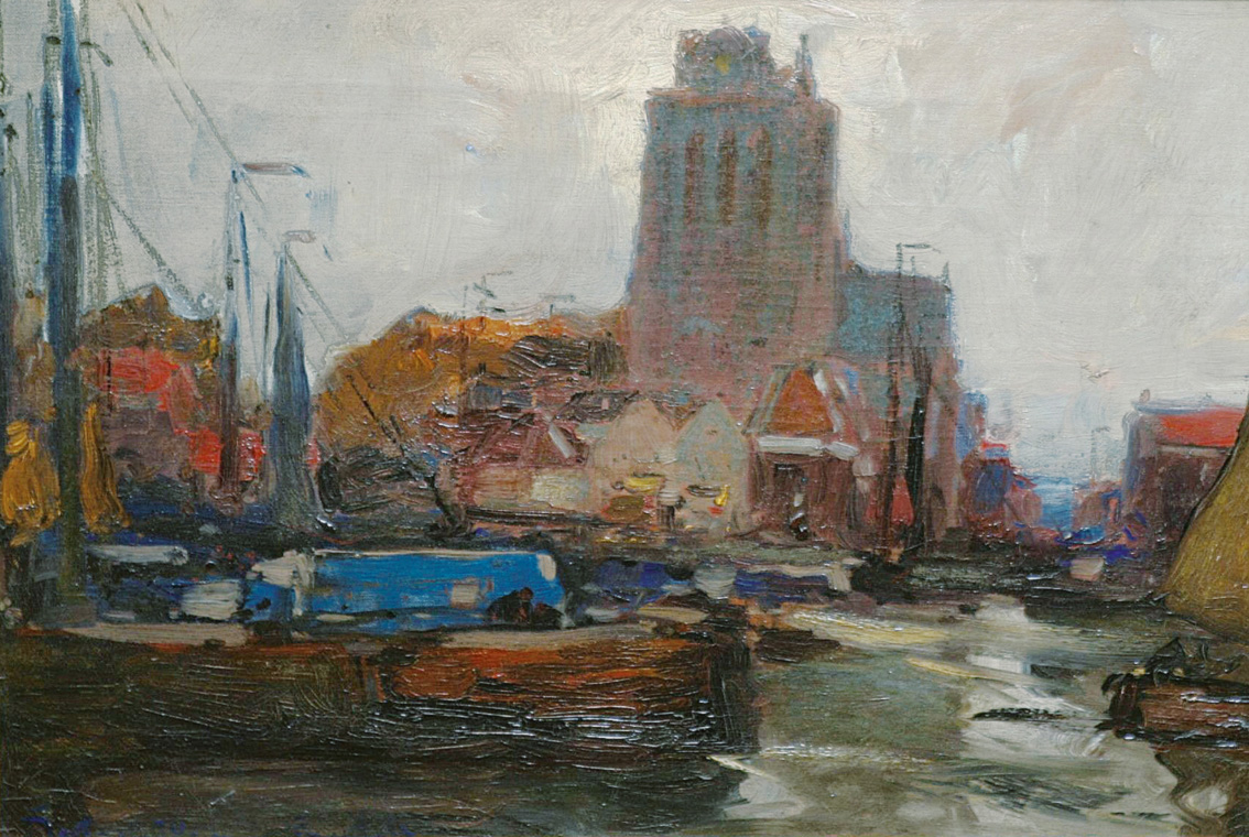 The harbour in Dordrecht with the Grote Kerk