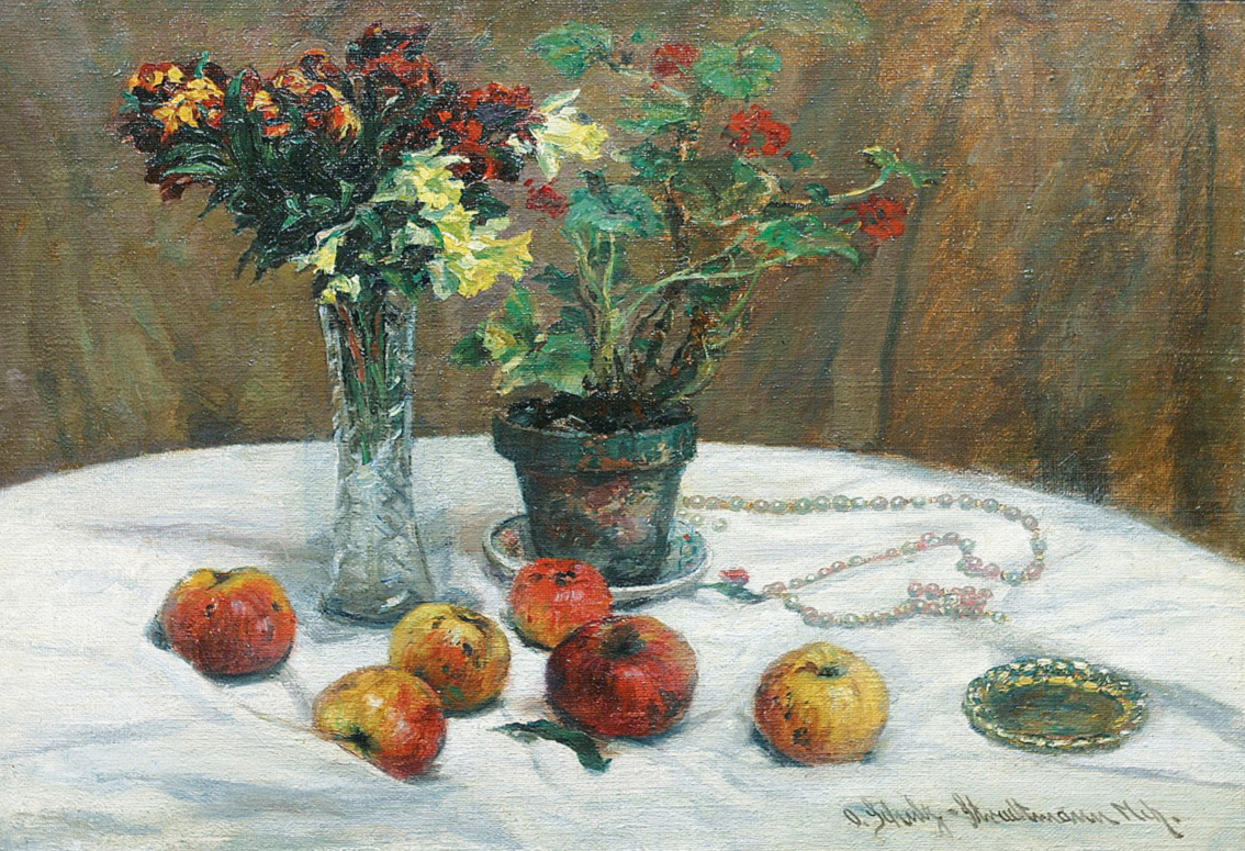 A still-life with flowers, fruit and a pearl necklace