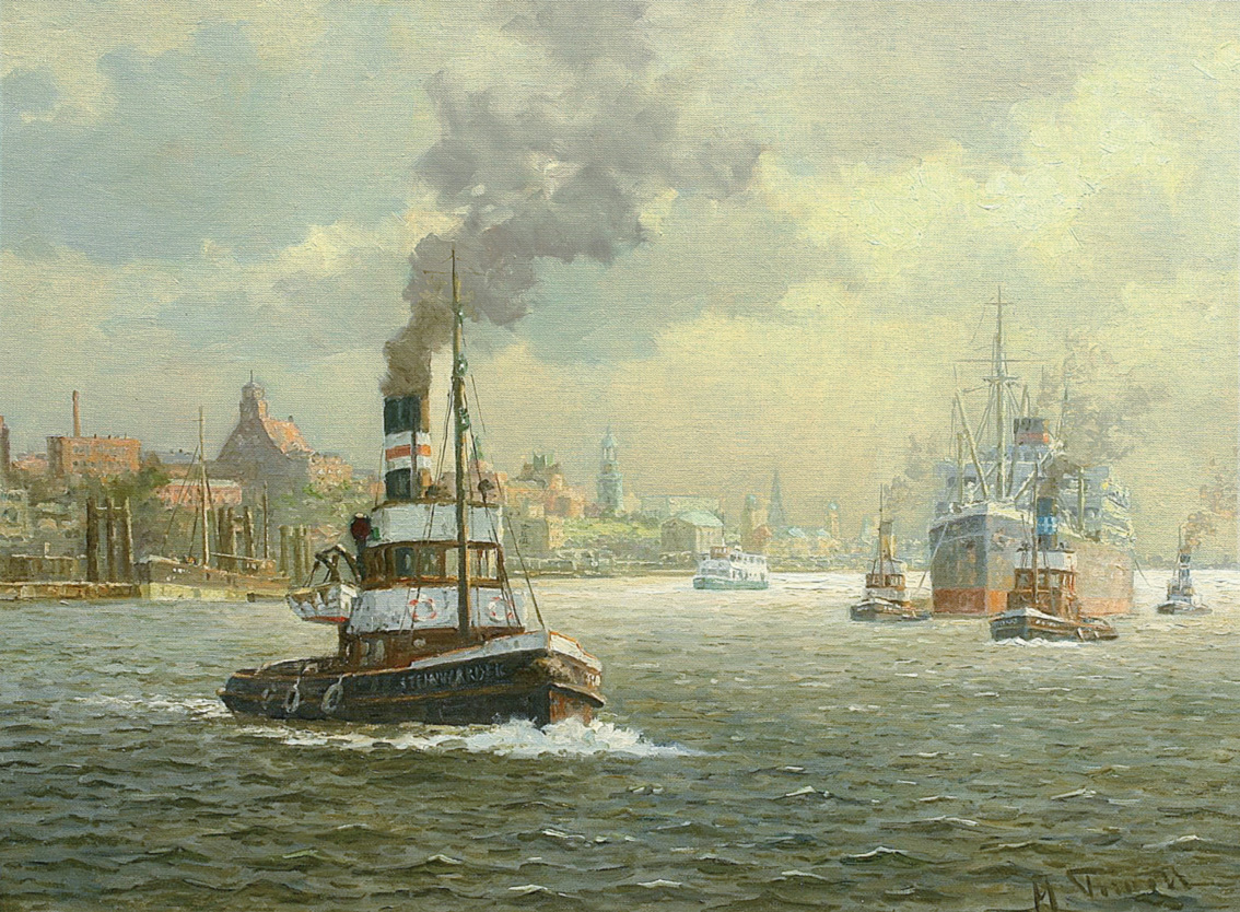 Hamburger Hafen mit Frachtschiff, Schleppern und HAPAG-Fähre