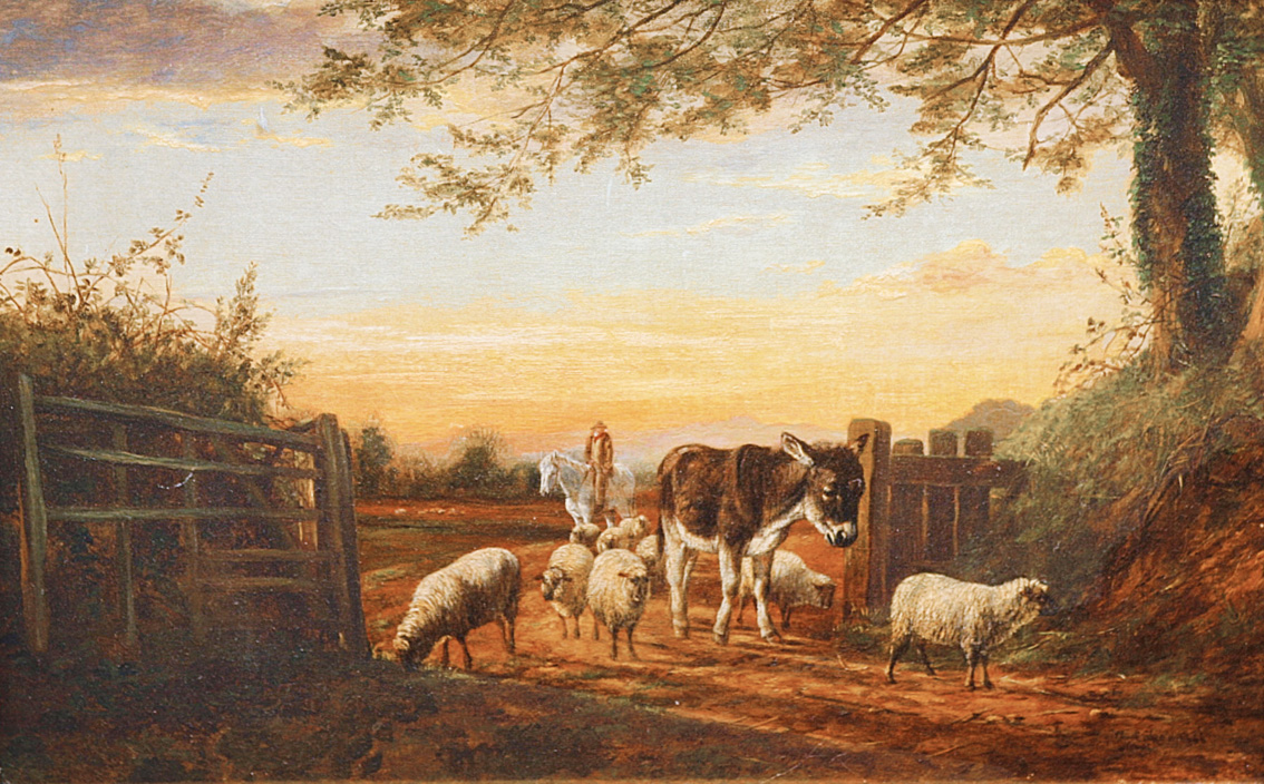 A shepherd with his flock and a donkey