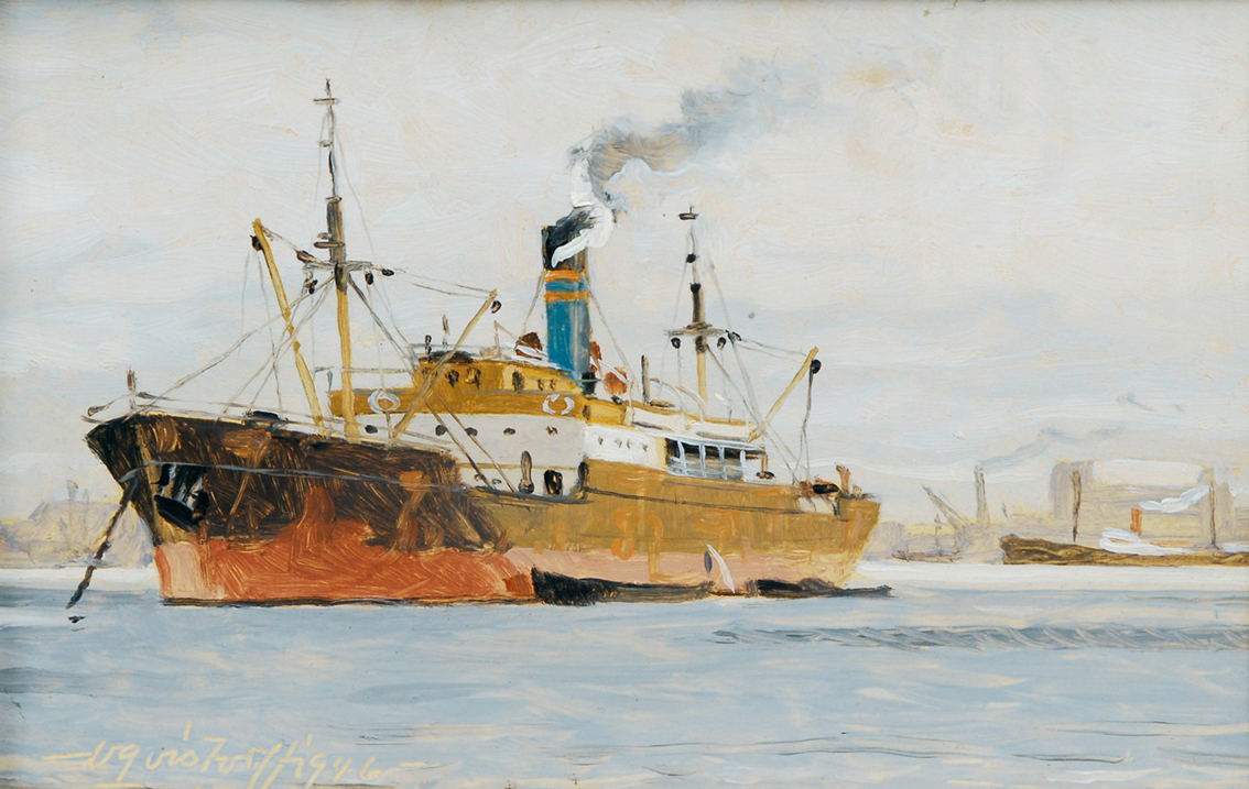 An anchored cargo ship