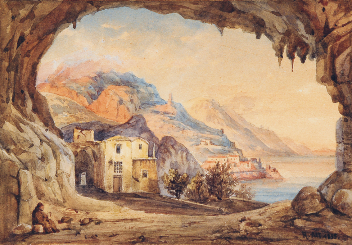 Blick aus Grotte auf Felsenküste in Italien