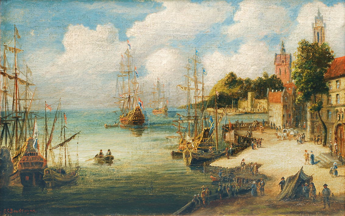 Hafenstadt mit vor Anker liegenden Schiffen