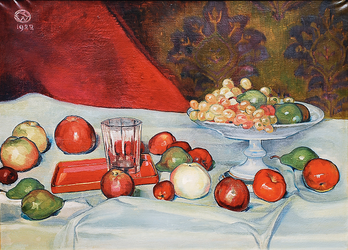 A still life with a fruit bowl and a red varnished tray