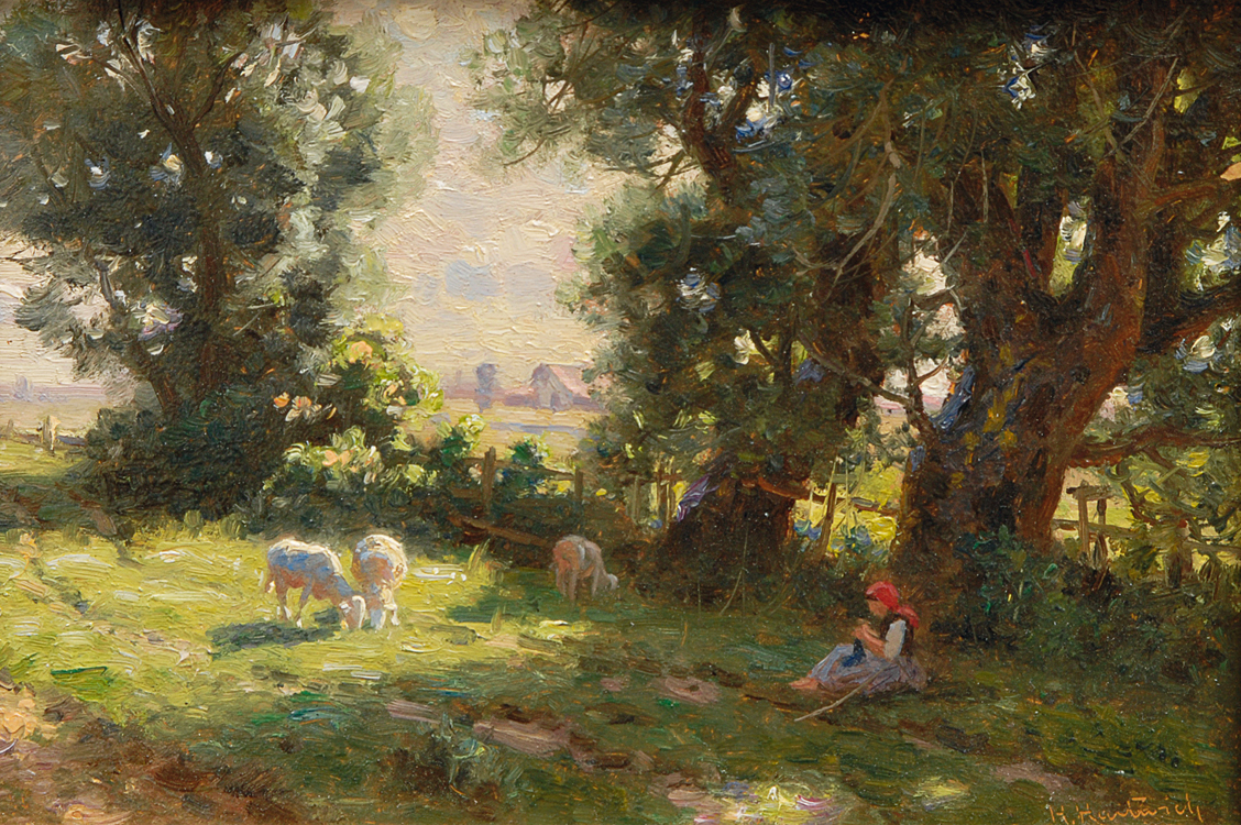 Mädchen mit Schafen auf der Weide