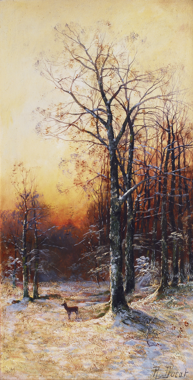A winter landscape with a deer