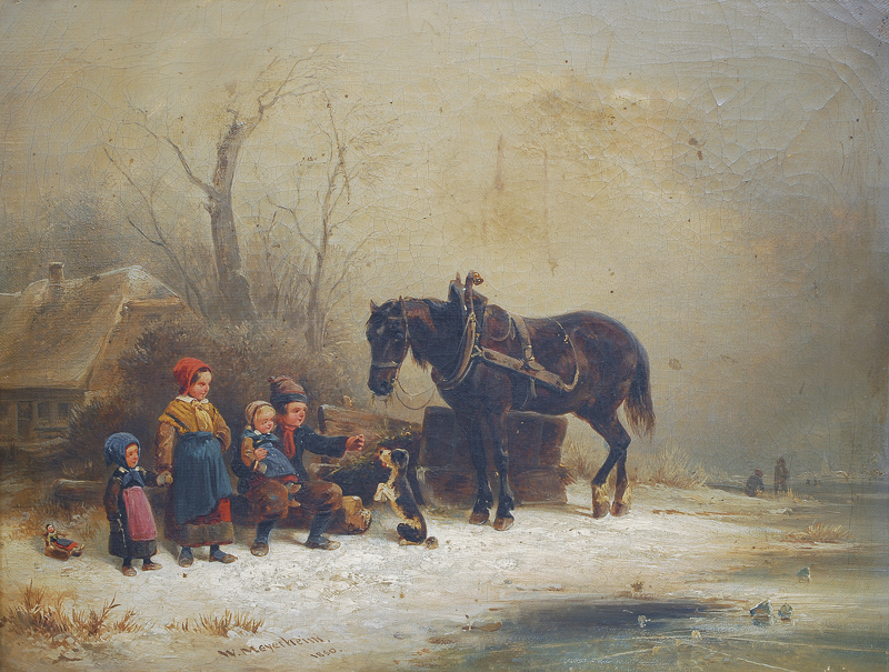 Kinder mit Hund und Pferd in einer Winterlandschaft