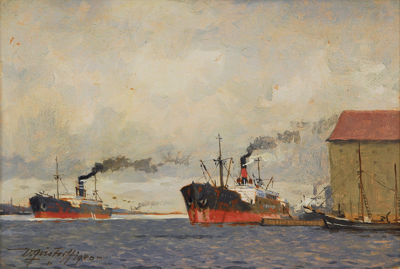 Harbour with two cargo steamers
