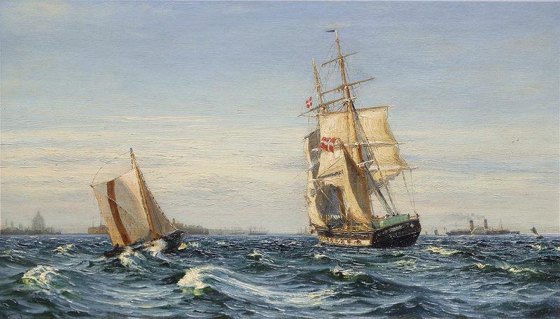 Fregatte und Raddampfer im Öresund vor Kronborg