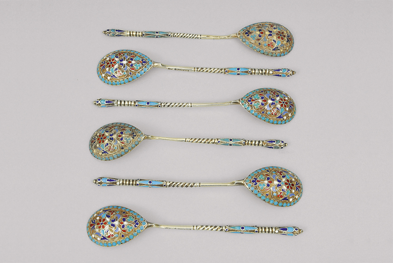 A set of 6 russian cloisonné spoons