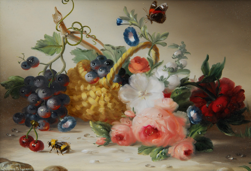 Still life with roses, basket and grapes