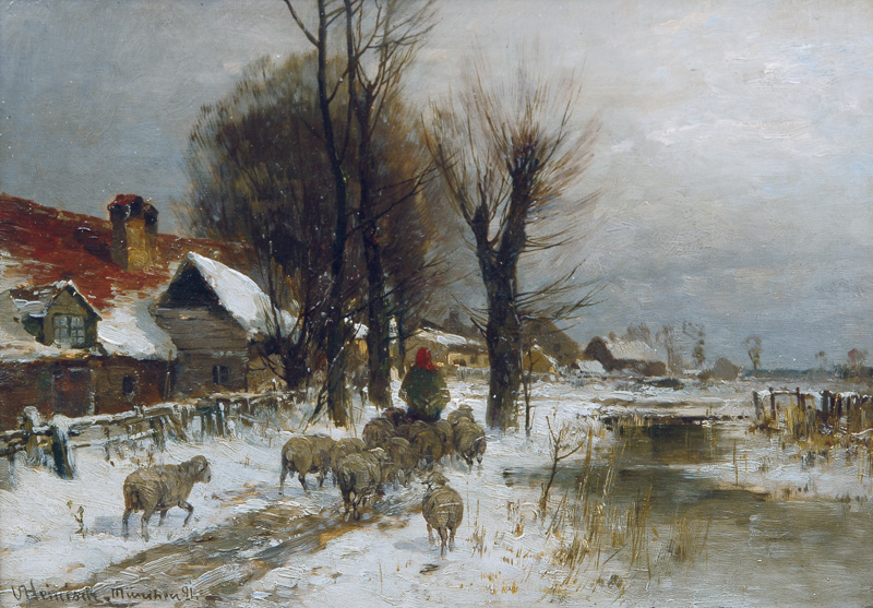 A winterly landscape with a cottage and a flock of sheep