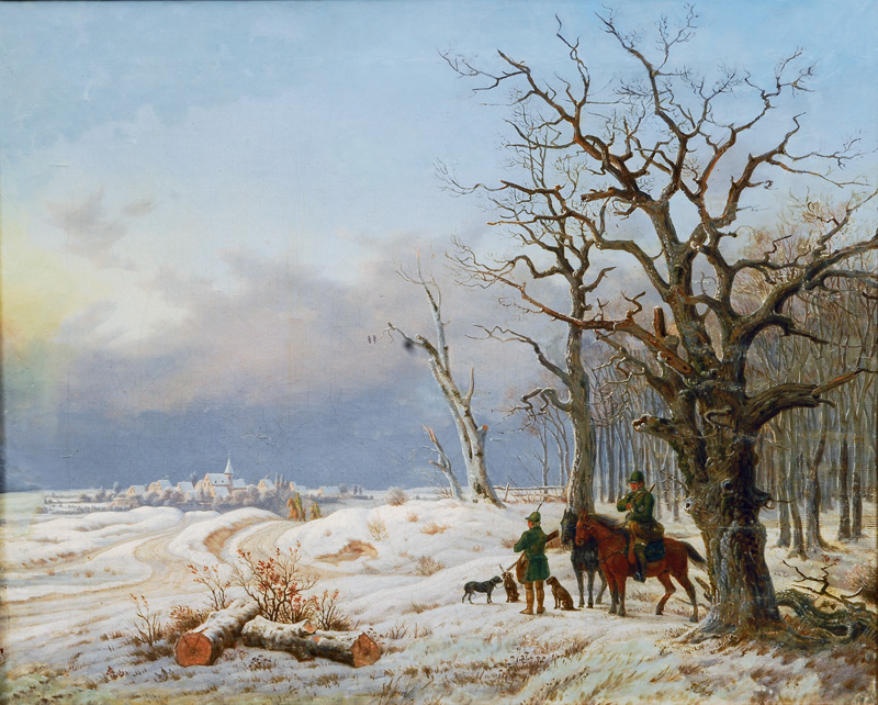 Huntsmen in a winter landscape