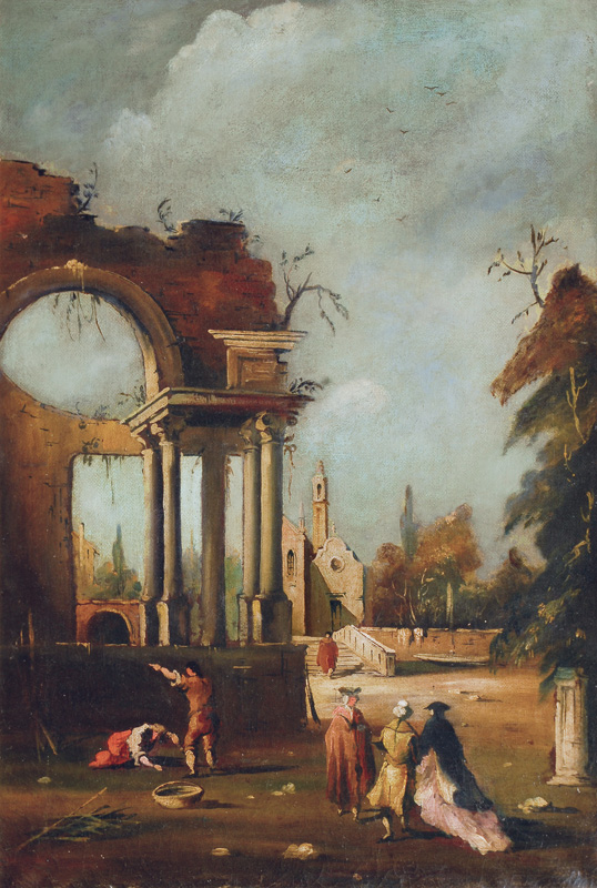 Landscape with temple, church and figures