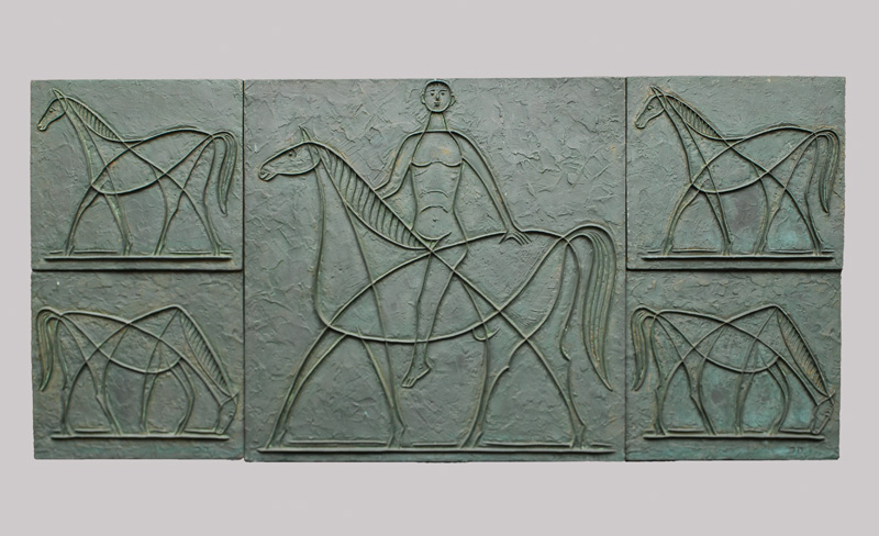 Bronze relief: Man on horseback with horses