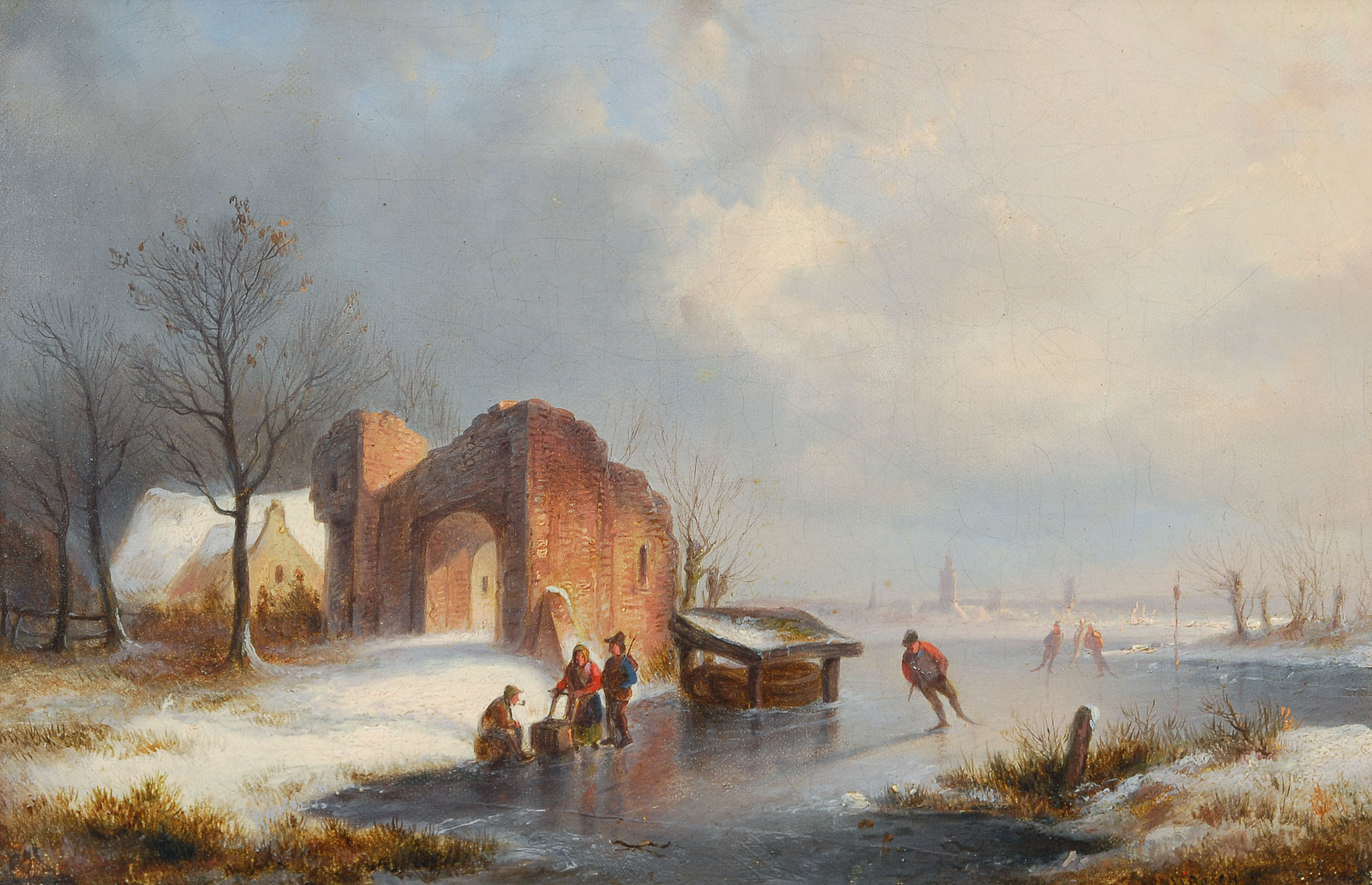 Winter landscape with skaters on a frozen river