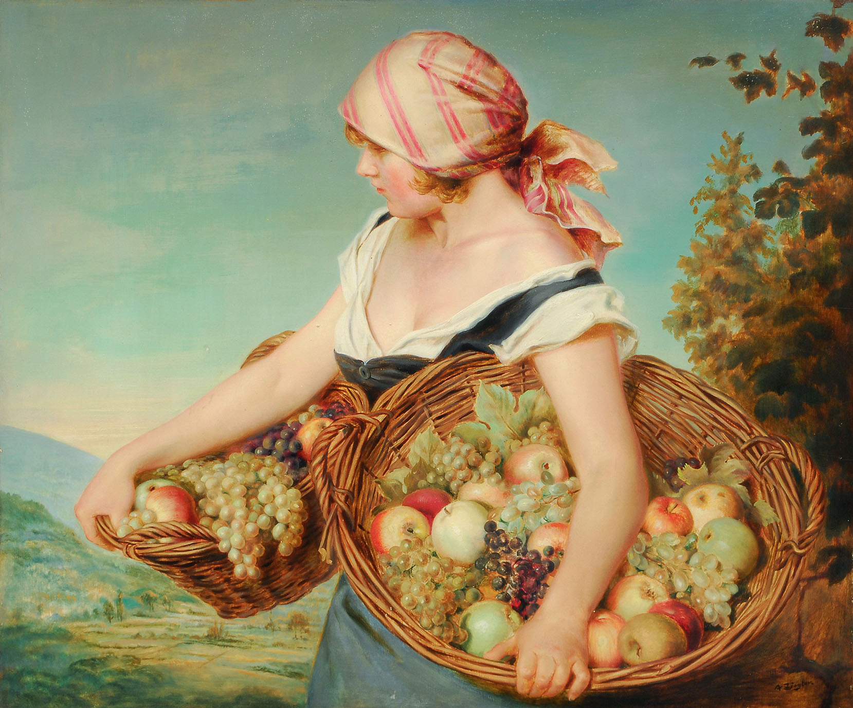 Girl with two fruit baskets
