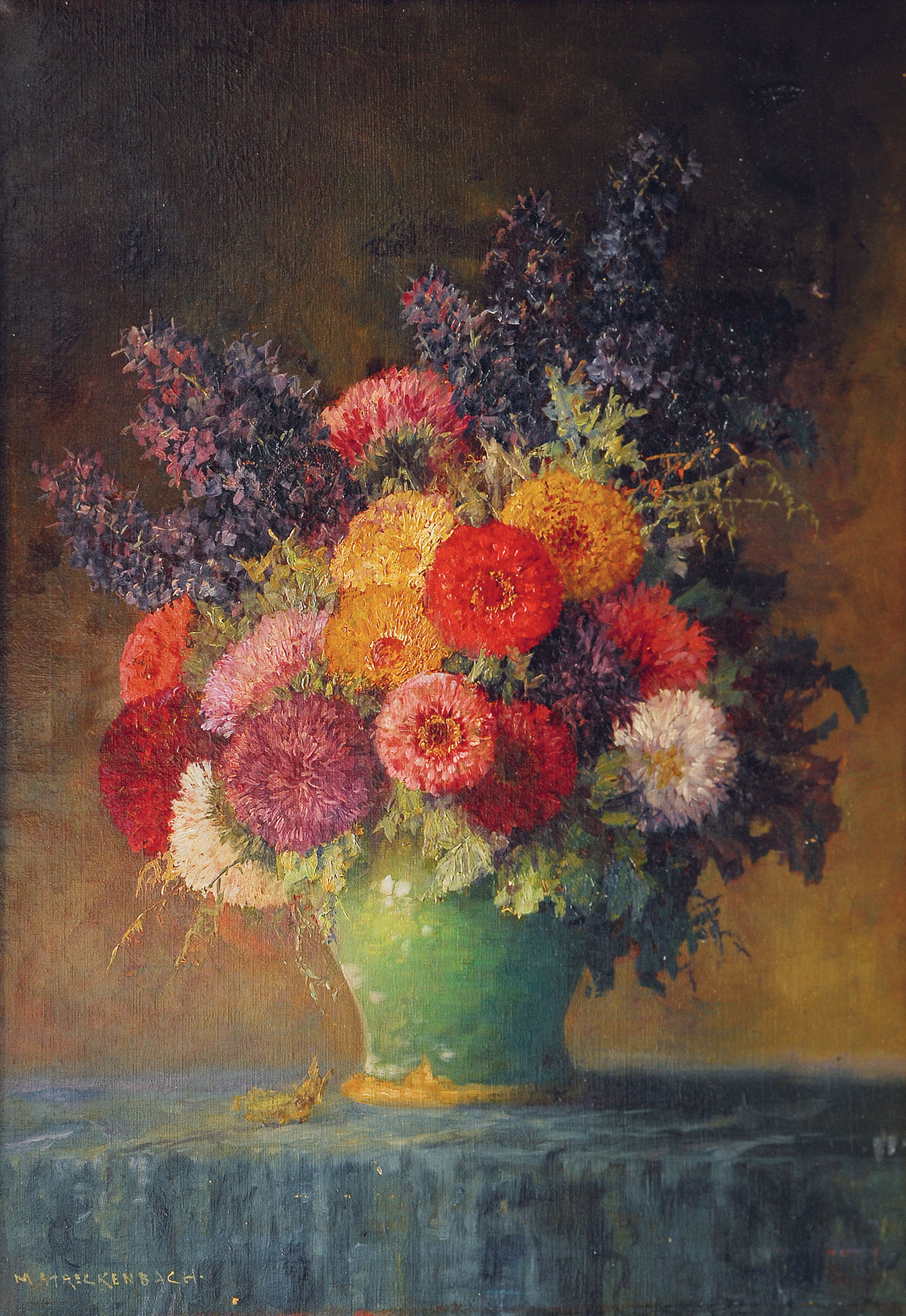 Bouquet of flowers in a green vase
