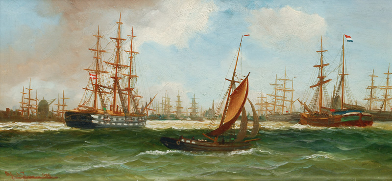 Schiffe vor einem belebten Hafen