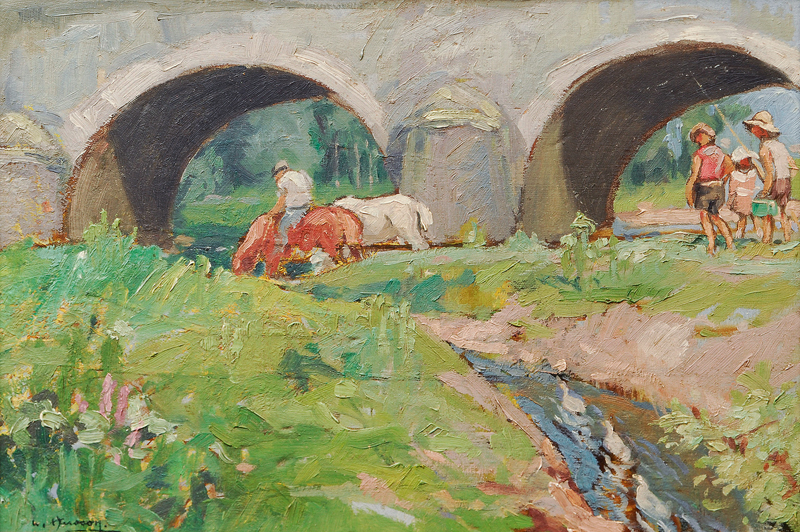 Spielende Kinder und Reiter an einer Brücke