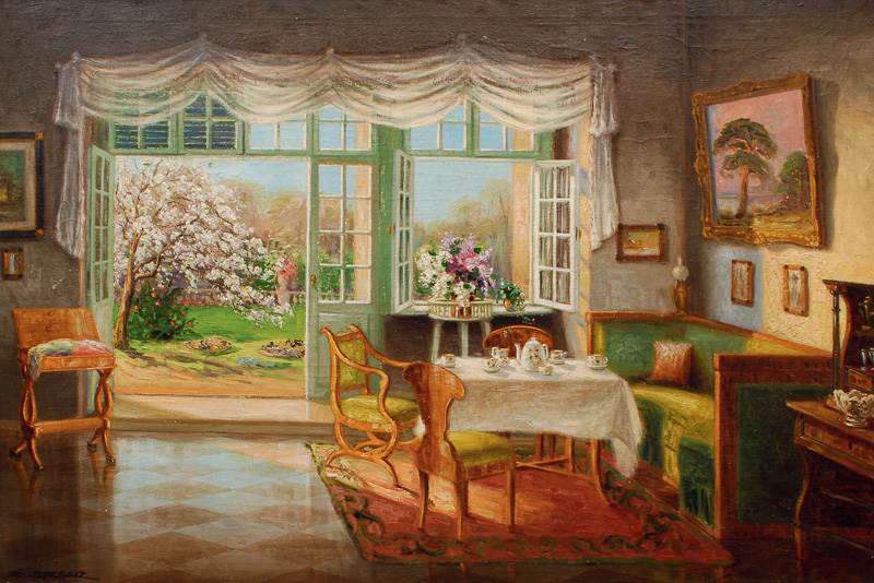 Interior with a View on a Garden in Bloom